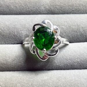 925 Silver Plate Dinner Ring Cocktail Ornate Faux Zircon Emerald Green NEW